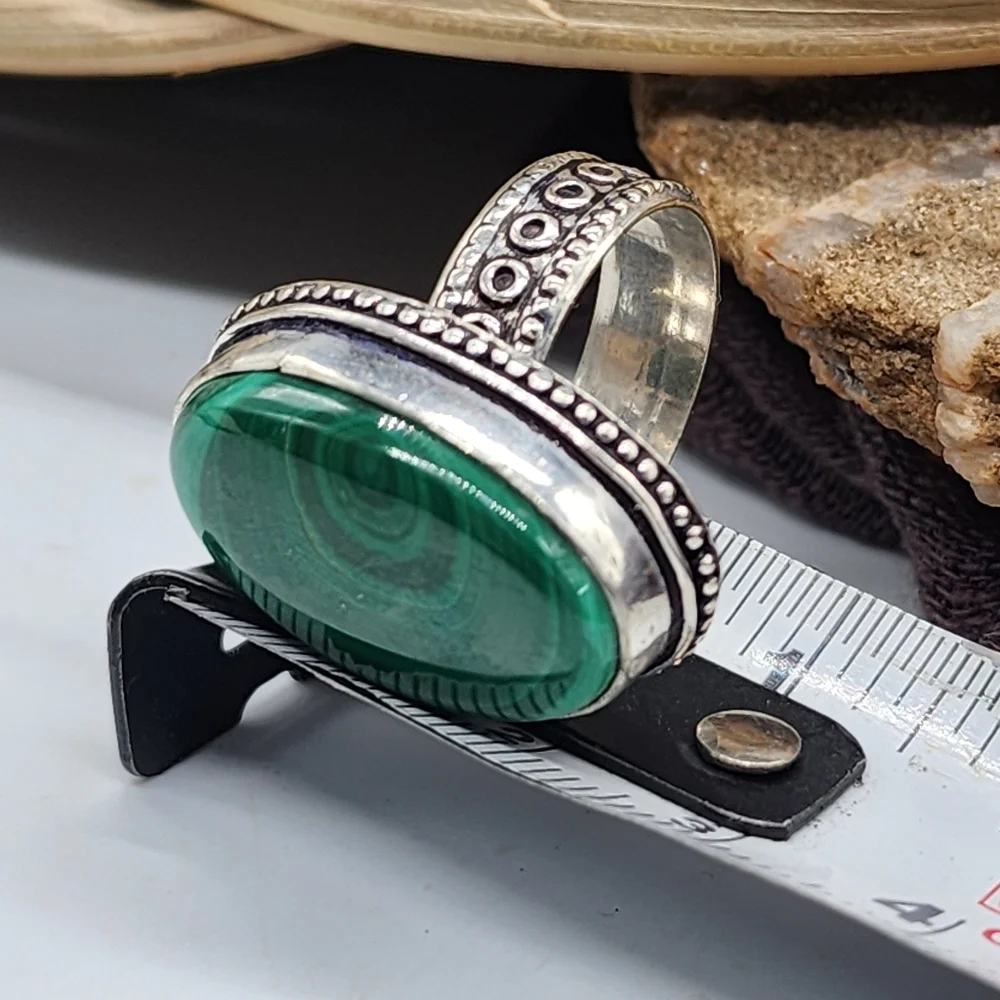 Natural Malachite Stone White Rhodium/925 Silver Spiritual Boho Artisan